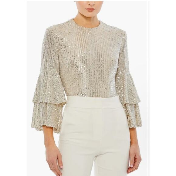Mac Duggal Tops - Mac Duggal NWD Size Small Nude Silver Ruffle 3/4 Sleeve Sequin Bodysuit R26822
